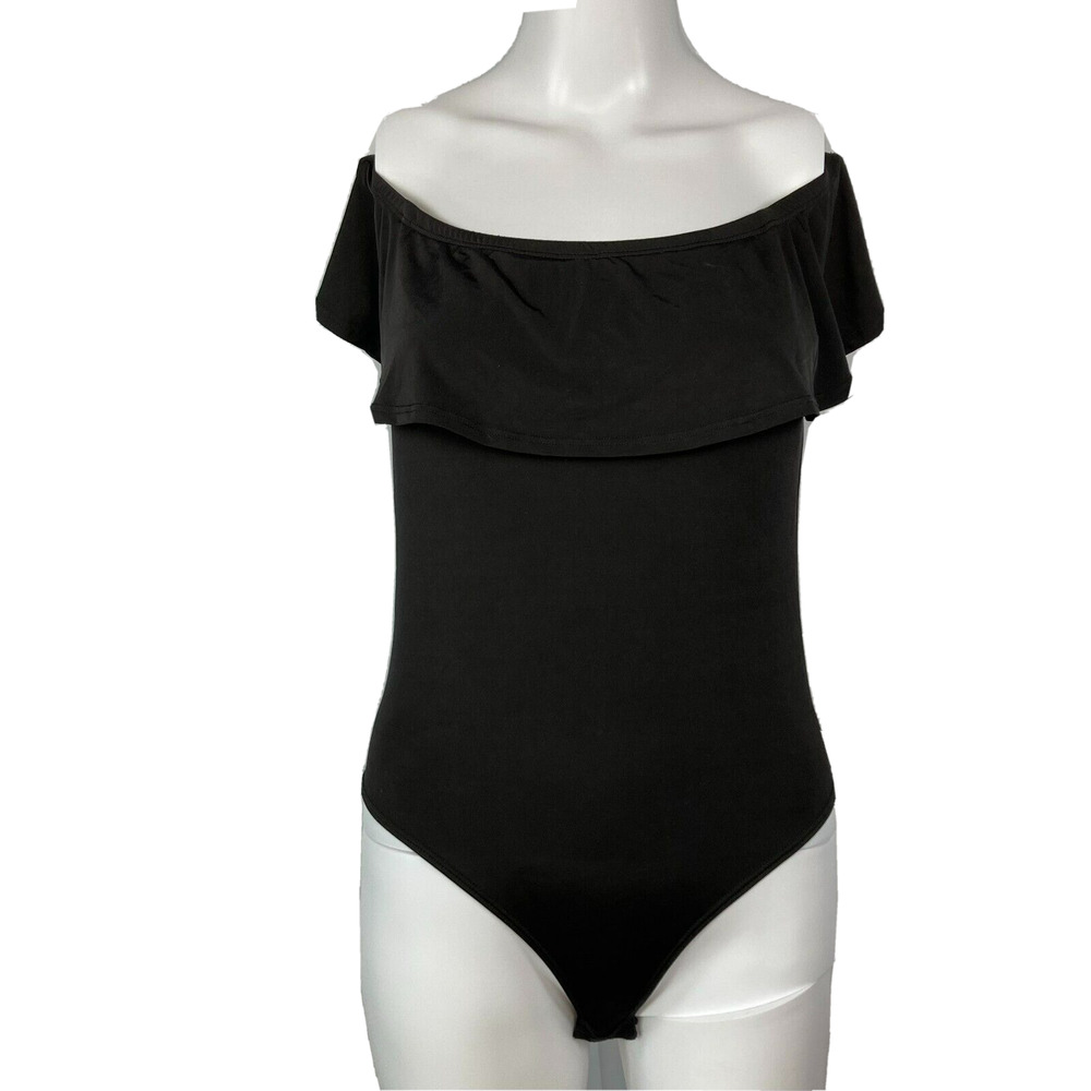 California Stitch Bodysuit Womens Sz L Black Stretch Off‎ Shoulder Ruffle Top